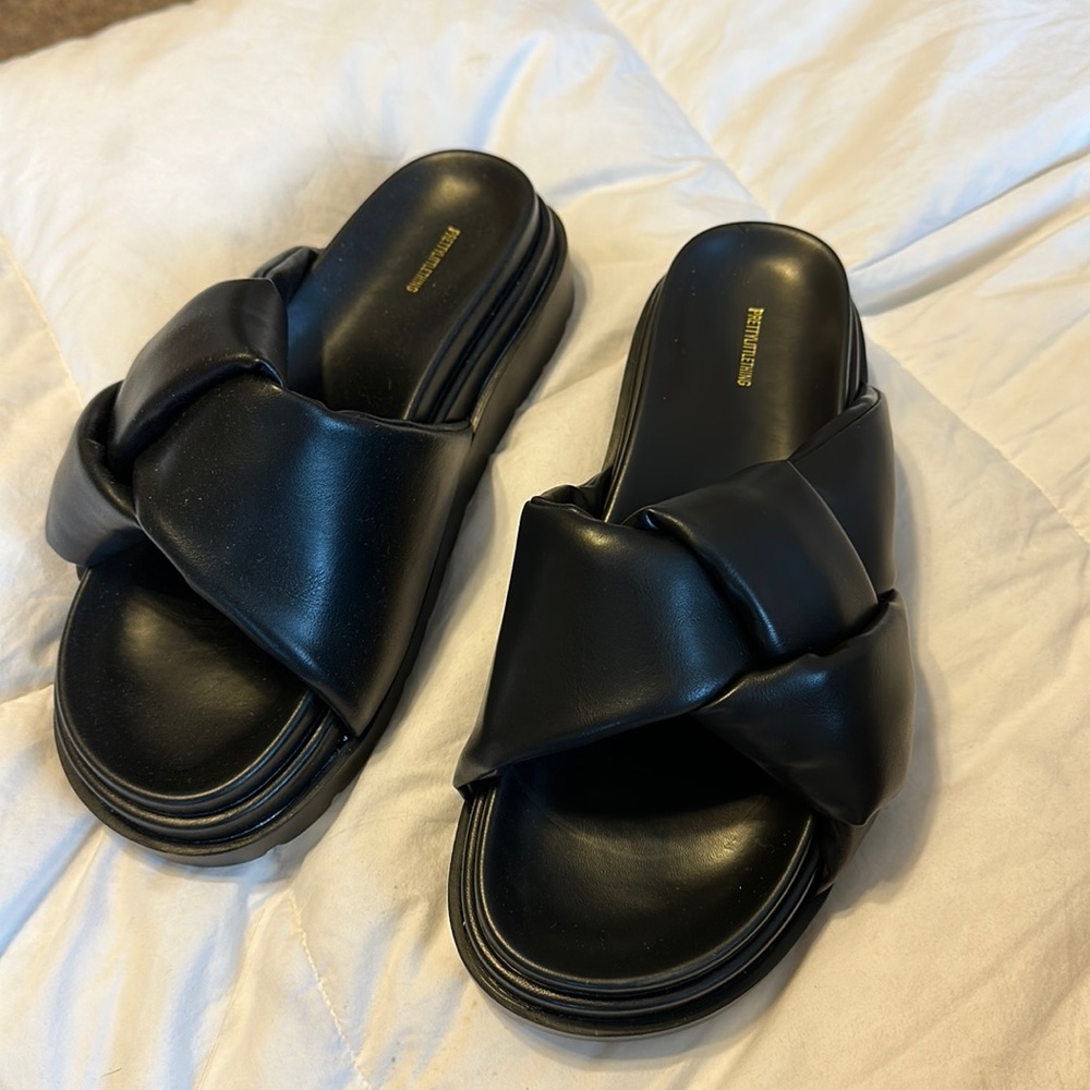 Black faux leather chunky sandals - pretty little thing size 9